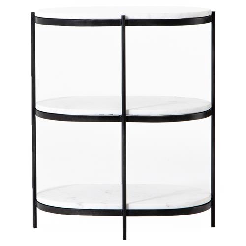 Kian Mid Century White Marble Hammered Grey Iron Oval Shelving Side Table