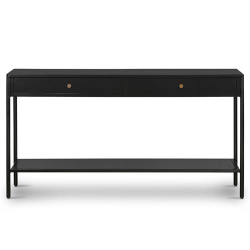Sutton Industrial Loft Black Iron 2 Drawer Shelving Console Table