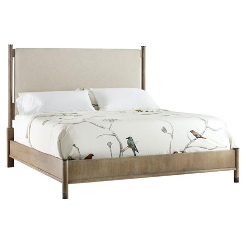 Felina Modern Classic Brown Oak Wood Beige Linen Upholstered Bed - Queen