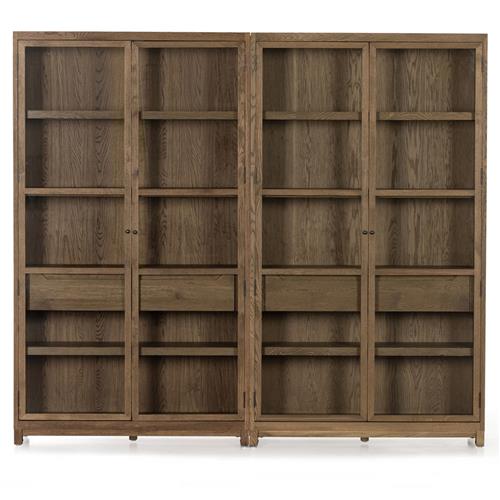 Clarence Rustic Lodge Brown Oak Wood 4 Glass Door 8 Shelf Double Display Case