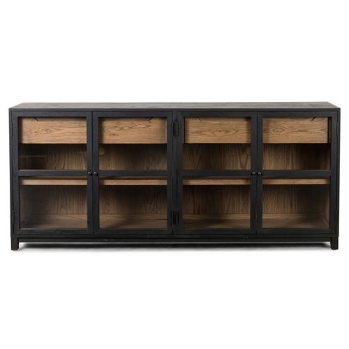 Clarence Rustic Lodge Black Oak Wood Clear Glass 4 Door Shelving Sideboard