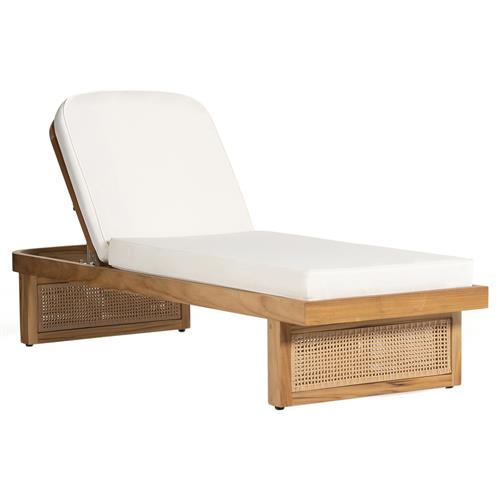 Tropica Coastal Beach Natural Teak White Upholstered Faux Rattan Outdoor Chaise Lounge