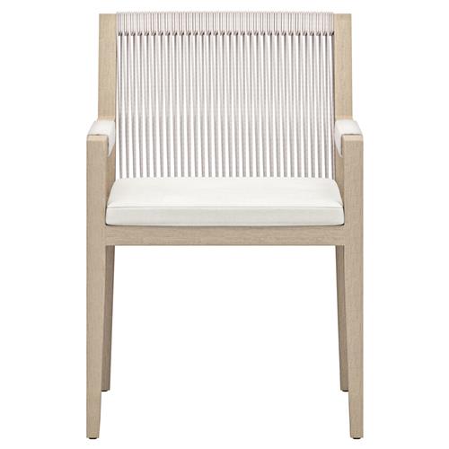 Cheryl Modern White Cushion Woven Rope Natural Teak Outdoor Dining Arm Chair