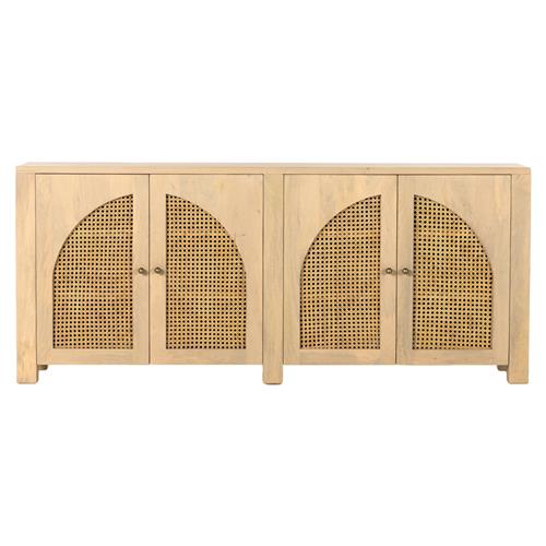 Kashton Mid Century Natural Brown Mango Wood Arched Cane 4 Door Sideboard