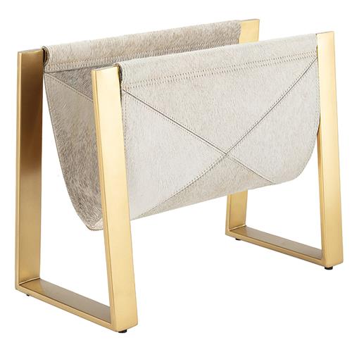 Andres Hollywood Regency Brass Steel Grey Hide Magazine Rack