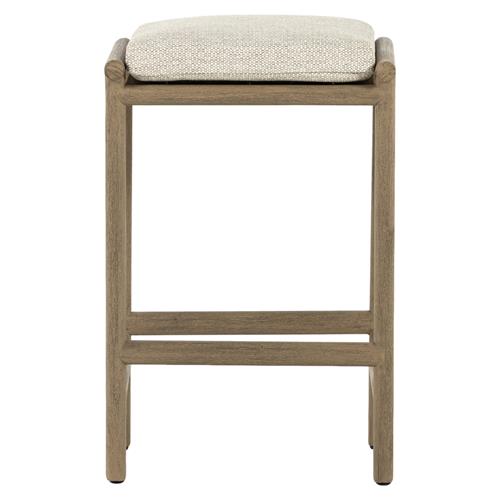 Karimm Coastal Beach Beige Upholstered Natural Teak Wood Frame Outdoor Counter Stool