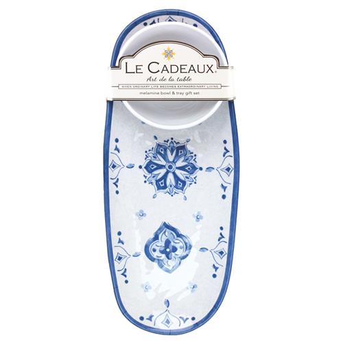 Moroccan Global White Melamine Blue Floral Bowl and Tray Gift Set - Thumbnail 2