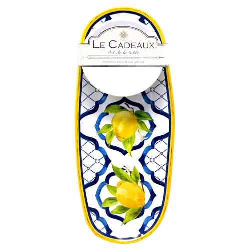 Palermo Global White Melamine Lemon Print Bowl and Tray Gift Set
