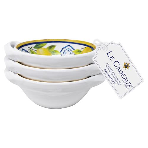 Palermo Global White Melamine Lemon Print Mini Handled Bowl - Set of 3