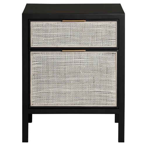 Ronaldo Coastal Beach Black Pine Wood Woven Rattan 2 Drawer Office Cabinet