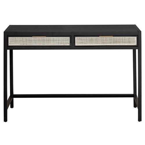 Ronaldo Coastal Beach Black Oak Wood Woven Rattan 2 Drawer Desk