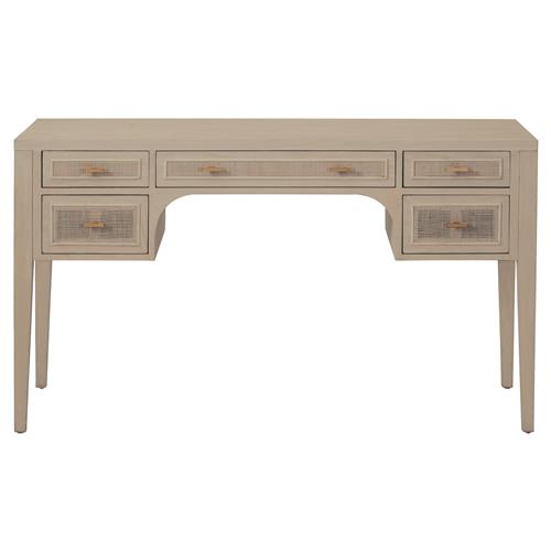 Lulu Coastal Beach Grey Oak Wood Woven Cane Panel 5 Drawer Desk