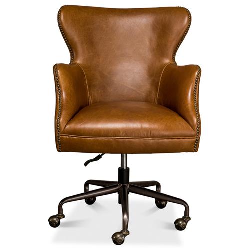 Alexander Light Brown Upholstered Leather Metal Base Nailhead Trim Swivel Office Chair