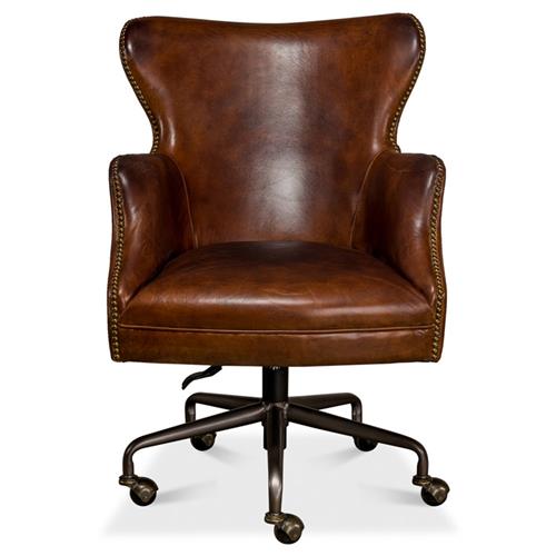 Alexander Rustic Brown Upholstered Leather Metal Base Nailhead Swivel Office Chair