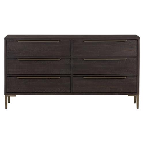 Yvette Rustic Dark Brown Reclaimed Pine Wood Gold Iron 6 Drawer Double Dresser