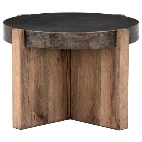 Brandon Rustic Lodge Black Iron Top Brown Oak Wood Round End Table