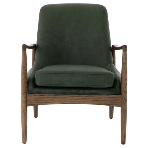 Olena Mid Century Green Upholstered Leather Brown Oak Wood Living Room Arm Chair