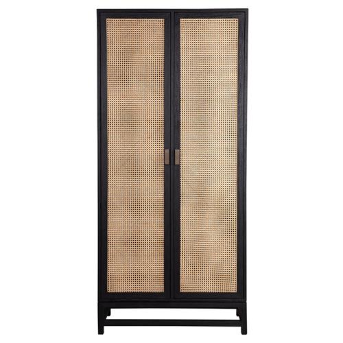 Robin Coastal Beach Black Wood Natural Woven Rattan 2 Door Armoire