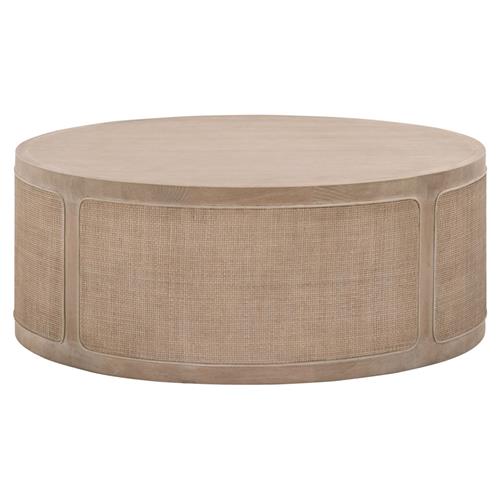 Lulu Coastal Beach Grey Oak Wood Woven Cane Round Drum Coffee Table