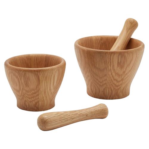 Tashi Rustic Natural Brown Oak Wood Mortar and Pestle - Set of 2