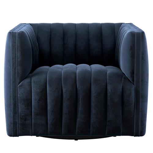 Leo Mid Century Modern Navy Blue Upholstered Fabric Swivel Tufted Occasional Chair