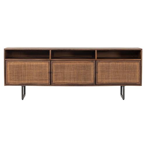 Emilie Mid Century Brown Mango Wood Woven Cane Iron Base Media Console - 65&quot;W