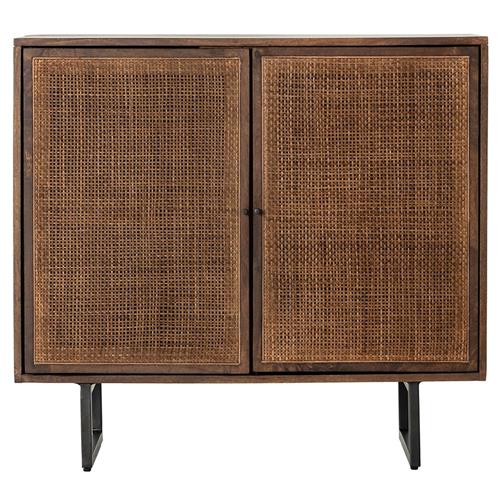 Emilie Brown Wash Mango Wood Woven Cane Black Iron 2 Door Media Cabinet - 35&quot;W