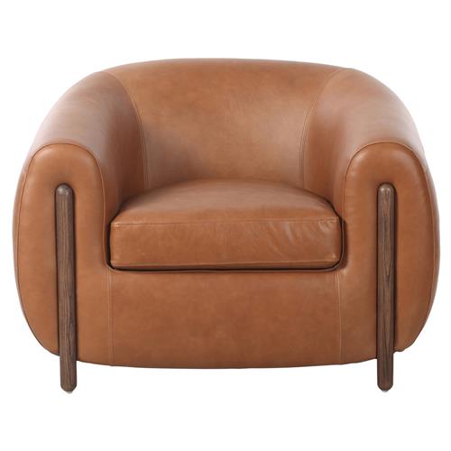 Riley Mid Century Modern Brown Upholstered Leather Wood Barrel Chair