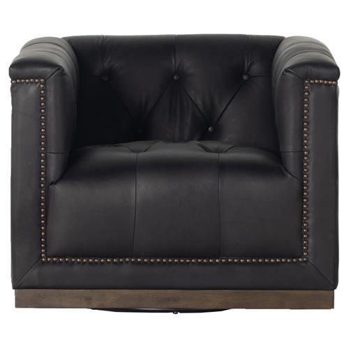Emmy Rustic Lodge Black Leather Tufted Nailhead Trim Swivel Club Chair