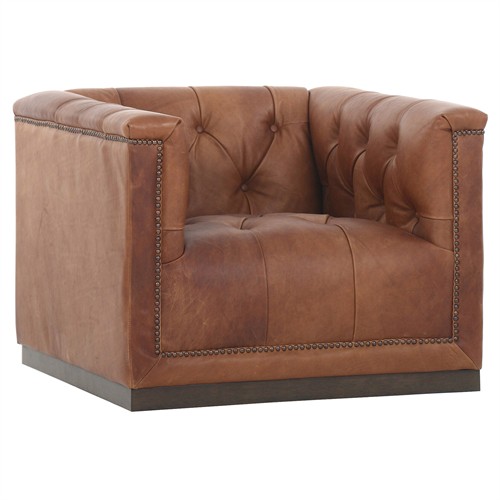Emmy Rustic Lodge Warm Brown Leather Tufted Nailhead Trim Swivel Club Chair