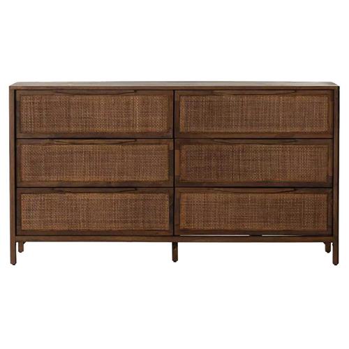 Rhian Coastal Beach Brown Mango Wood Frame Woven Cane 6 Drawer Double Dresser