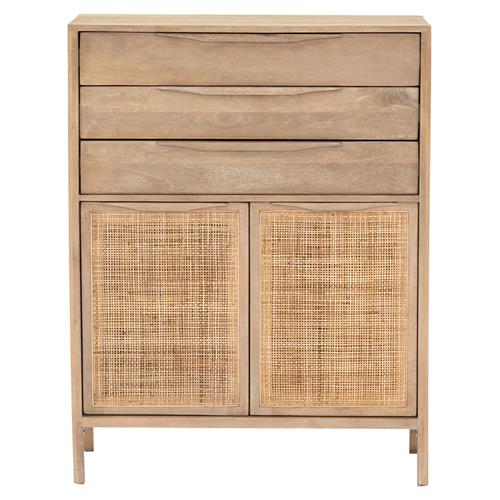 Rhian Coastal Beach Natural Mango Wood Woven Cane Wood Tall Chest Dresser