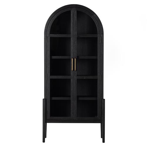 Ivan Mid Century Matte Black Solid Oak Wood 2 Glass Door Arched Display Case