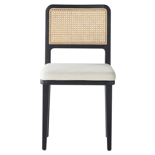 Vin Coastal White Upholstered Cushion Natural Woven Cane Black Wood Dining Chair