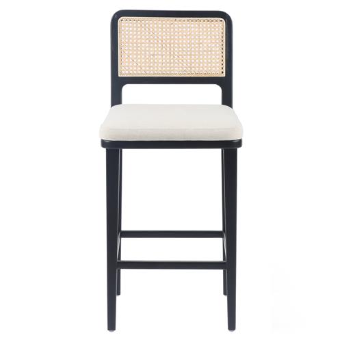 Vin Coastal White Upholstered Cushion Natural Woven Cane Black Wood Counter Stool