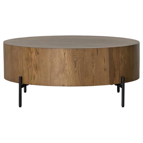Alina Rustic Lodge Dark Brown Oak Wood Black Iron Base Round Coffee Table