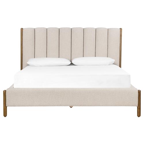 Tola Mid Century White Performance Boucle Channel Tufted Brown Wood Bed - Queen