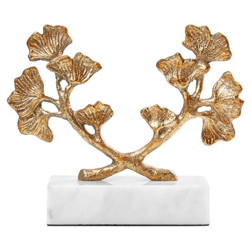 Ginko Regency Gold Iron Leaves White Marble Base Sculpture