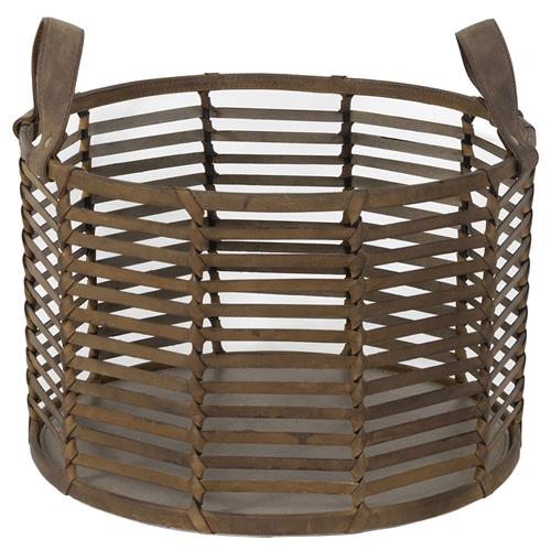 Finn Rustic Lodge Brown Woven Leather Floor Basket - Small