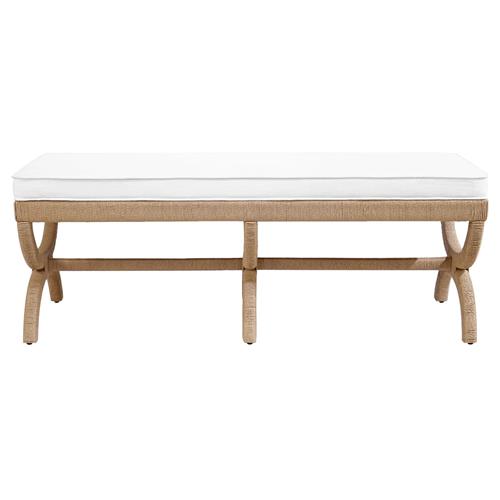 Worlds Away Xanadu Coastal Beach White Upholstered Natural Rope Entryway Bench