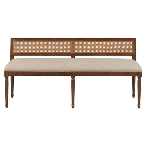 Colette French Beige Upholstered Linen Woven Cane Brown Wood Dining Bench