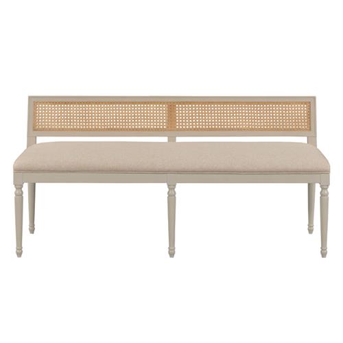 Colette French Beige Upholstered Linen Woven Cane Wood Frame Dining Bench
