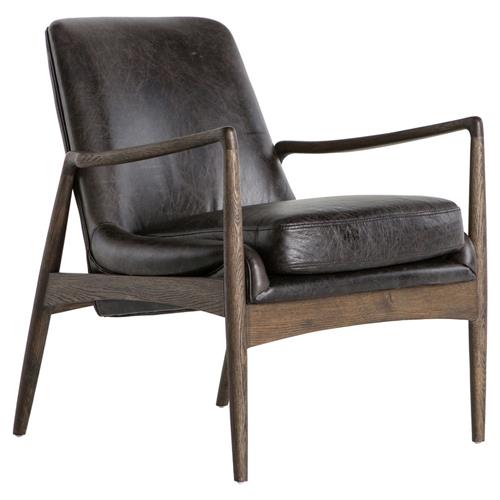 Olena Mid Century Black Upholstered Leather Brown Oak Wood Living Room Arm Chair
