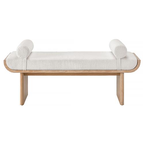 Noelle Modern White Upholstered Fabric Light Brown Wood Bedroom Bench