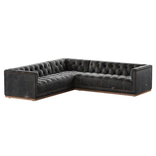 Emmy Rustic Black Leather Nailhead Trim 3 Piece Sectional Sofa - 101&quot;Wx101&quot;D