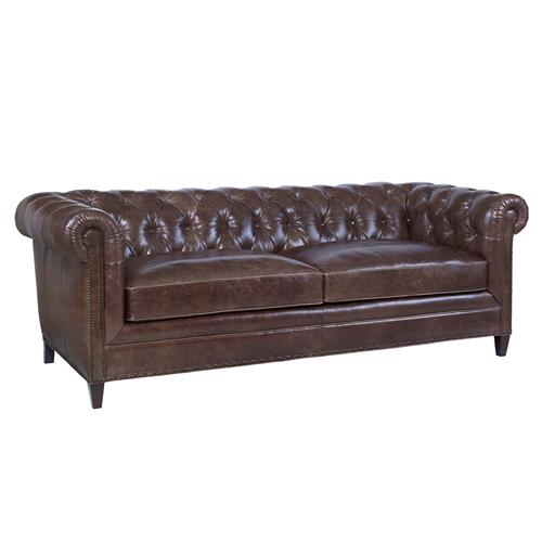 Century Sorenson Espresso Brown Leather Mahogany Frame Tufted Nailhead Sofa