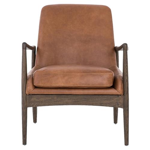 Olena Mid Century Brown Upholstered Leather Wood Frame Living Room Arm Chair