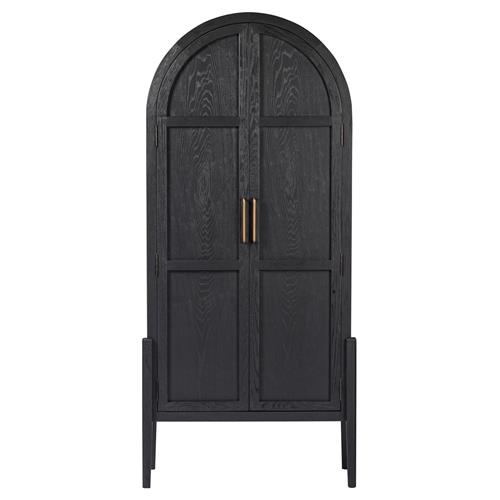 Ivan Mid Century Modern Black Oak Wood Brass Iron 2 Door Arched China Cabinet
