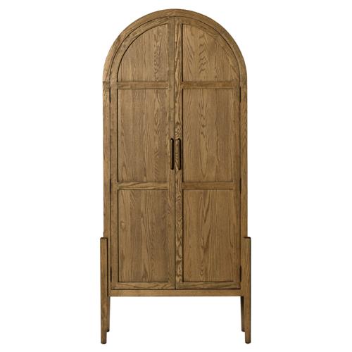 Ivan Mid Century Modern Brown Oak Wood Brass Iron 2 Door Arched China Cabinet
