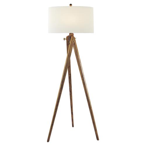 Visual Comfort Tripod Industrial Loft French Wax Wood Linen Shade Floor Lamp